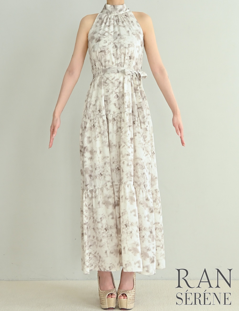 [即納][instock]【RAN SERENE】ロング/ドレス/ブラウン/アメスリ/フレア/柄/花柄/リボン
