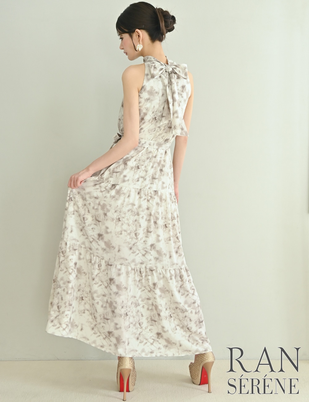 [即納][instock]【RAN SERENE】ロング/ドレス/ブラウン/アメスリ/フレア/柄/花柄/リボン