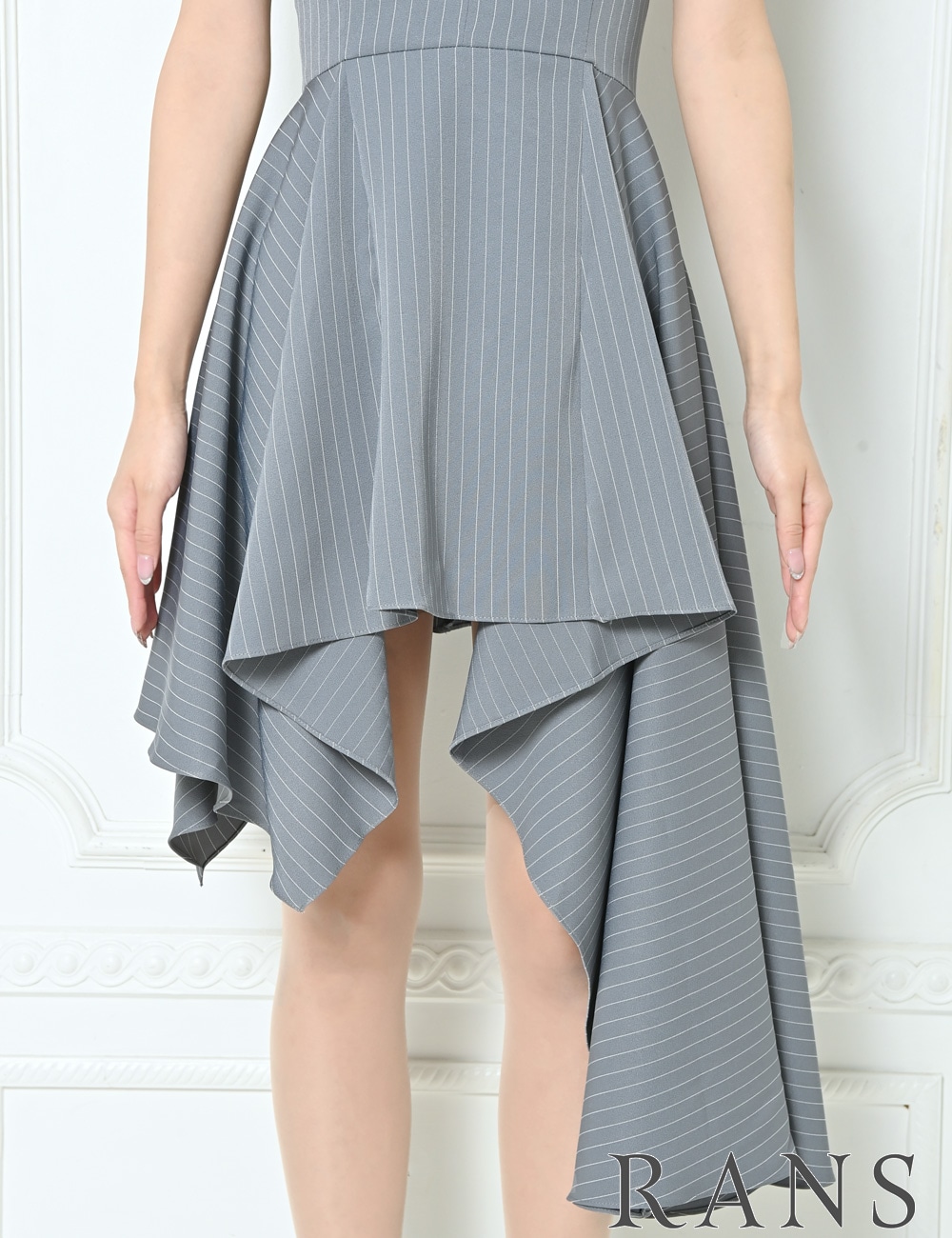 [即納][instock]【RANS】丈長/ミニ/ドレス/ワンピース/グレー/ベア/フレア/アシンメトリー/柄/ストライプ