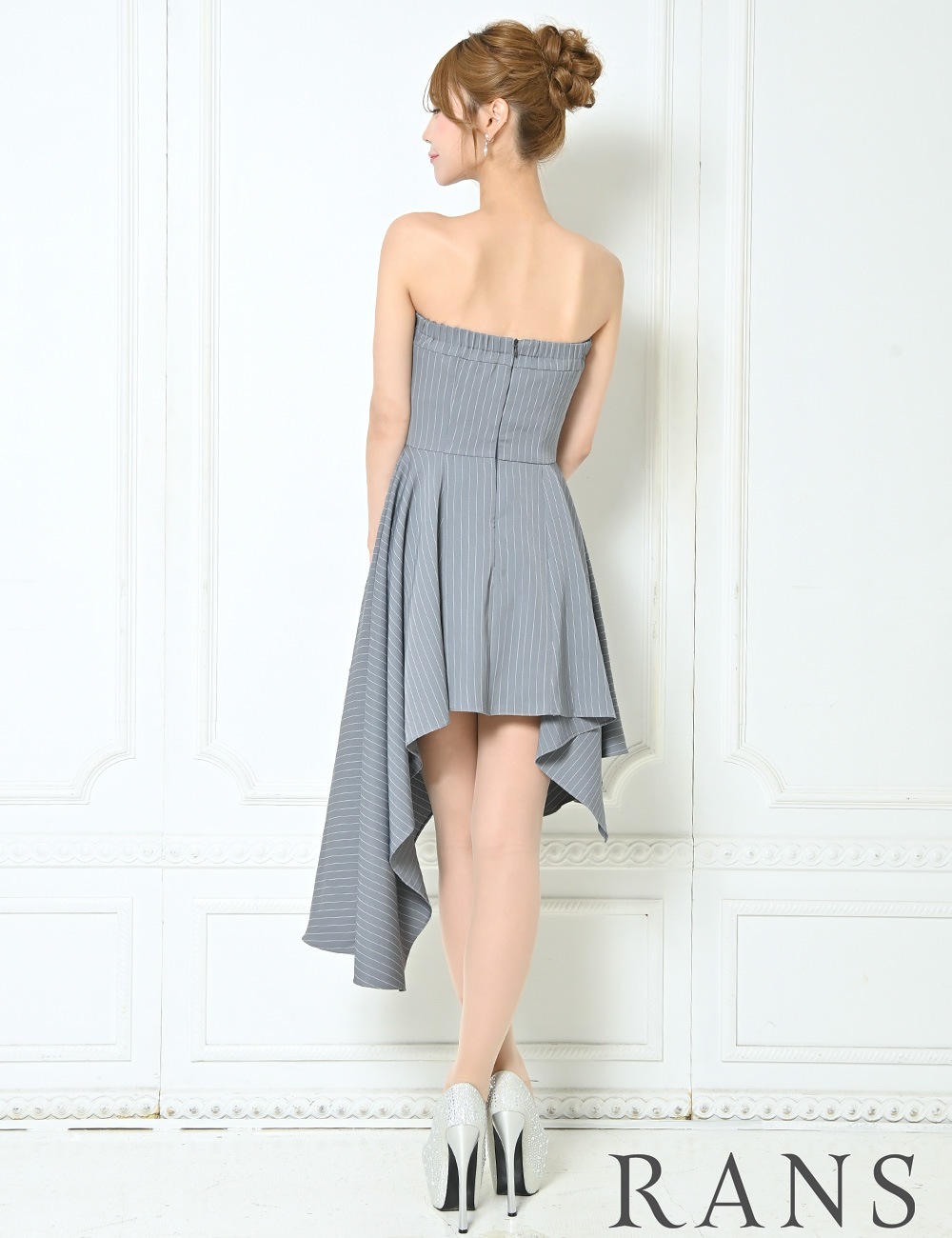 [即納][instock]【RANS】丈長/ミニ/ドレス/ワンピース/グレー/ベア/フレア/アシンメトリー/柄/ストライプ