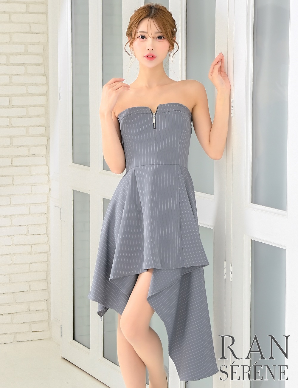 [即納][instock]【RAN SERENE】丈長/ミニ/ドレス/ワンピース/グレー/ベア/フレア/アシンメトリー/柄/ストライプ