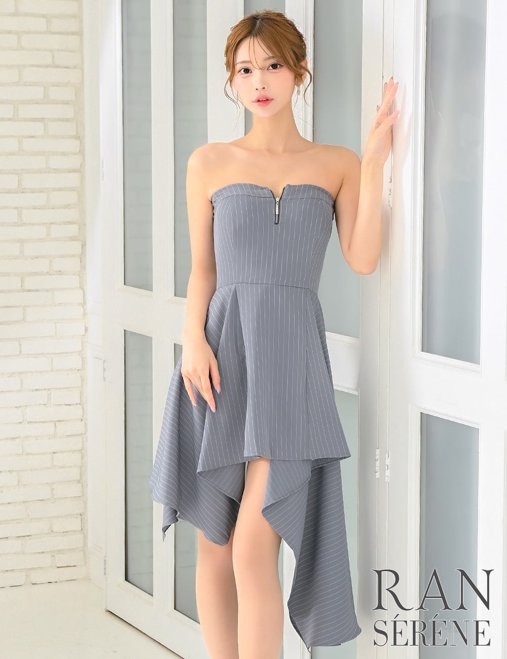 [即納][instock]【RAN SERENE】丈長/ミニ/ドレス/ワンピース/グレー/ベア/フレア/アシンメトリー/柄/ストライプ