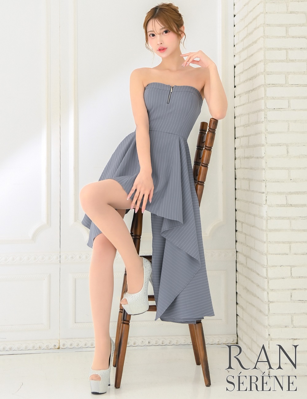 [即納][instock]【RAN SERENE】丈長/ミニ/ドレス/ワンピース/グレー/ベア/フレア/アシンメトリー/柄/ストライプ