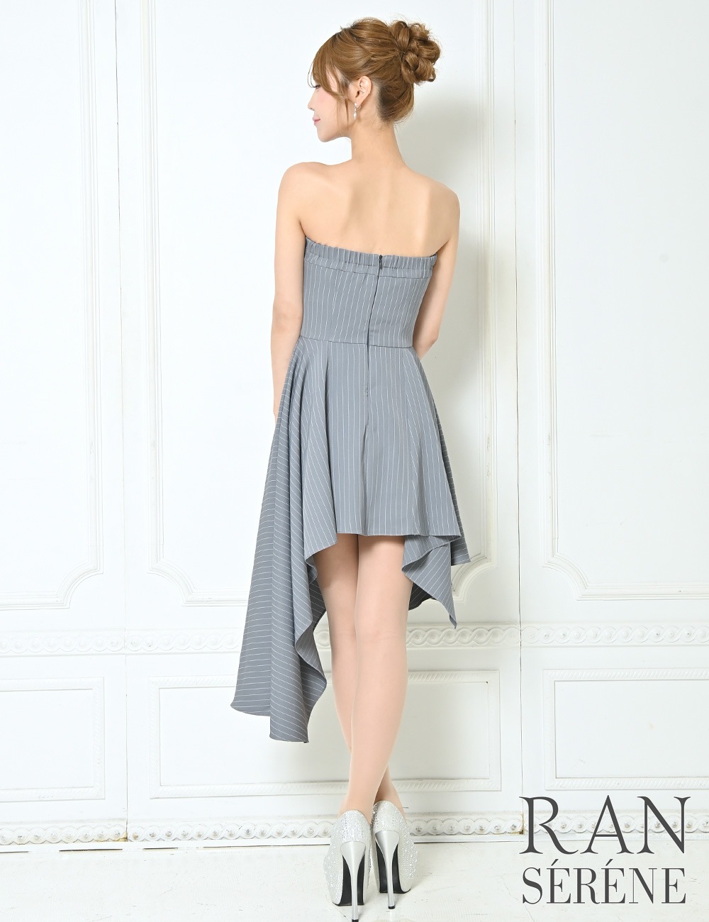 [即納][instock]【RAN SERENE】丈長/ミニ/ドレス/ワンピース/グレー/ベア/フレア/アシンメトリー/柄/ストライプ