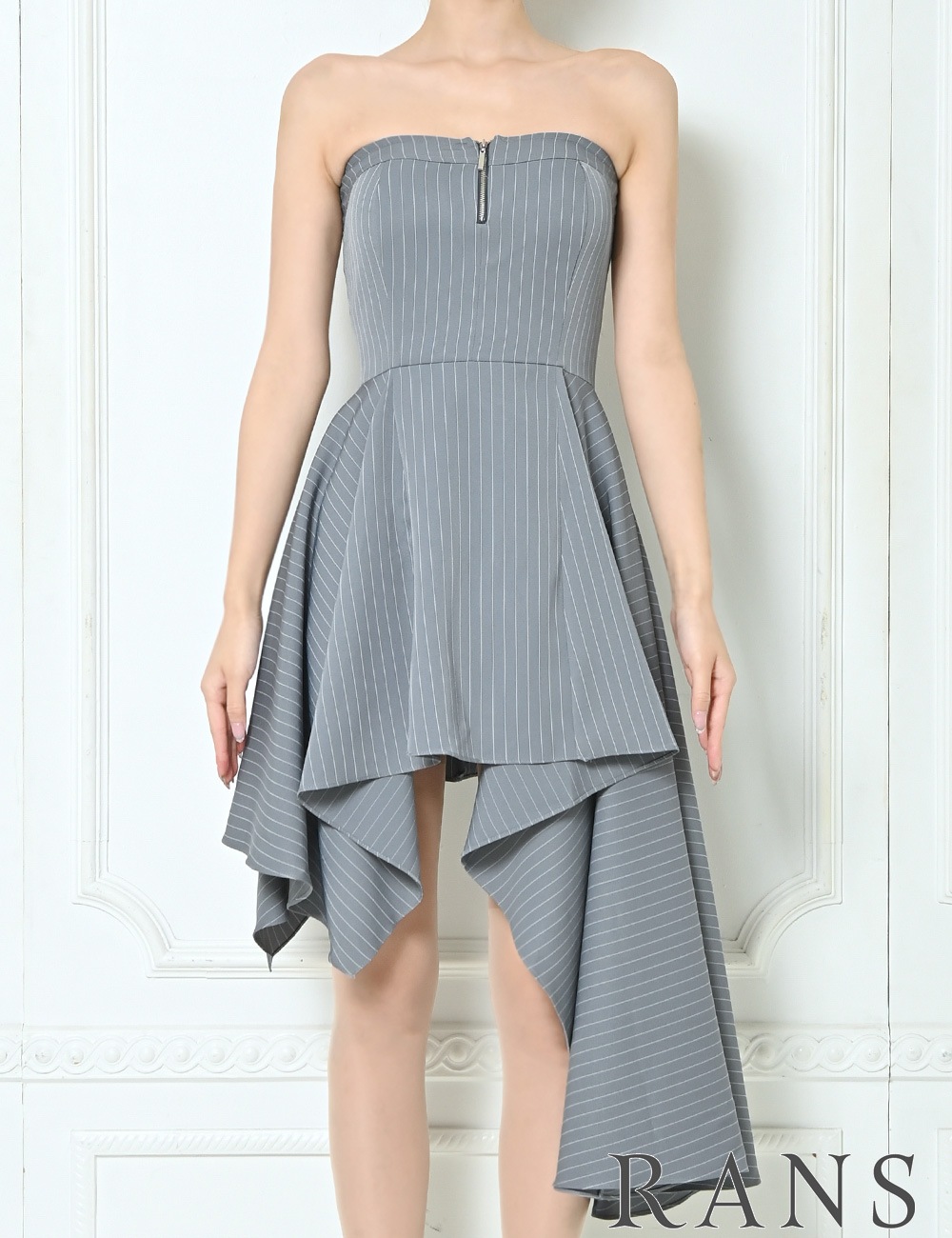 [即納][instock]【RANS】丈長/ミニ/ドレス/ワンピース/グレー/ベア/フレア/アシンメトリー/柄/ストライプ