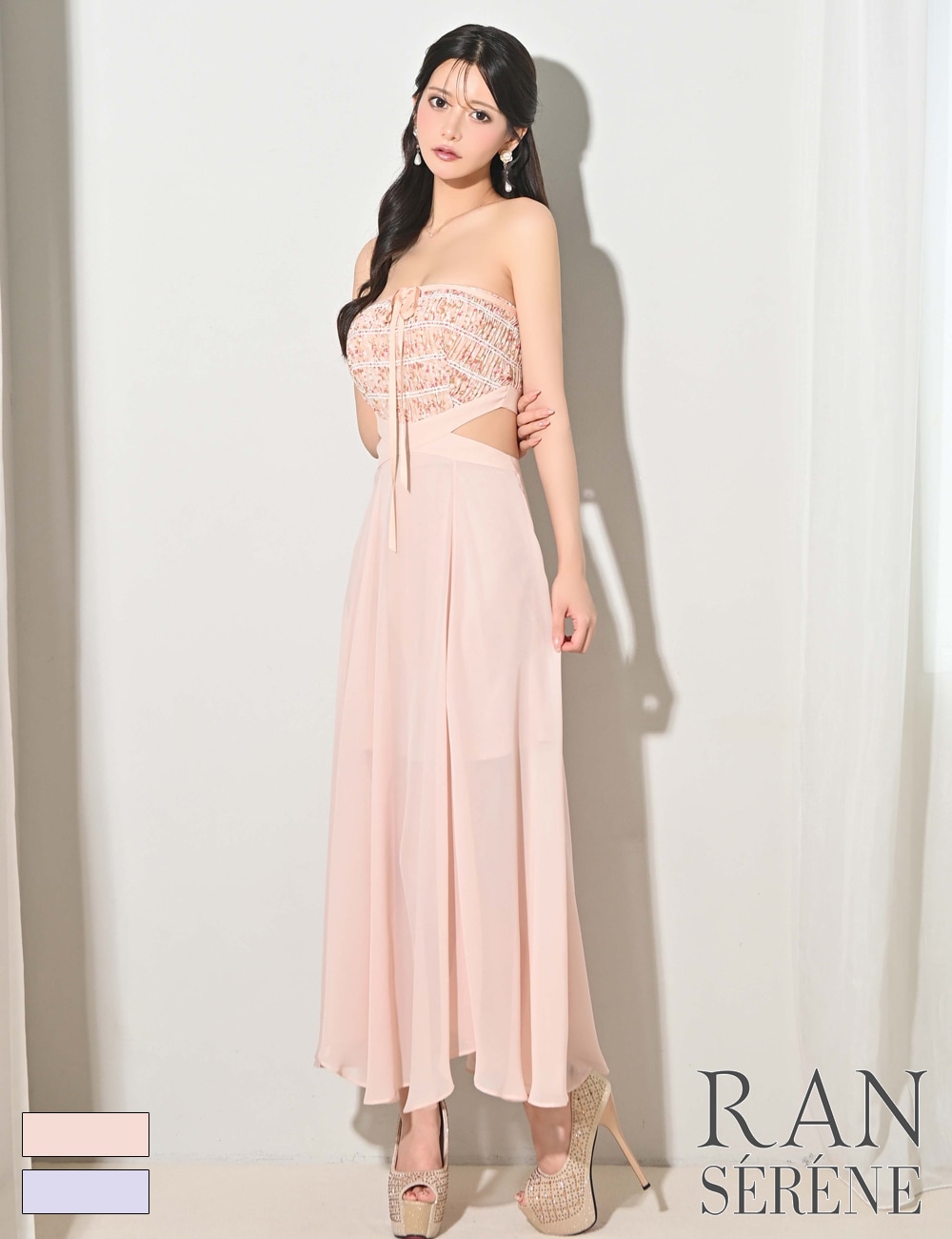 [即納][instock]【RAN SERENE】ロング/ドレス/ワンピース/ピンク/ベア/フレア/サイドカットアウト/柄/花柄/リボン