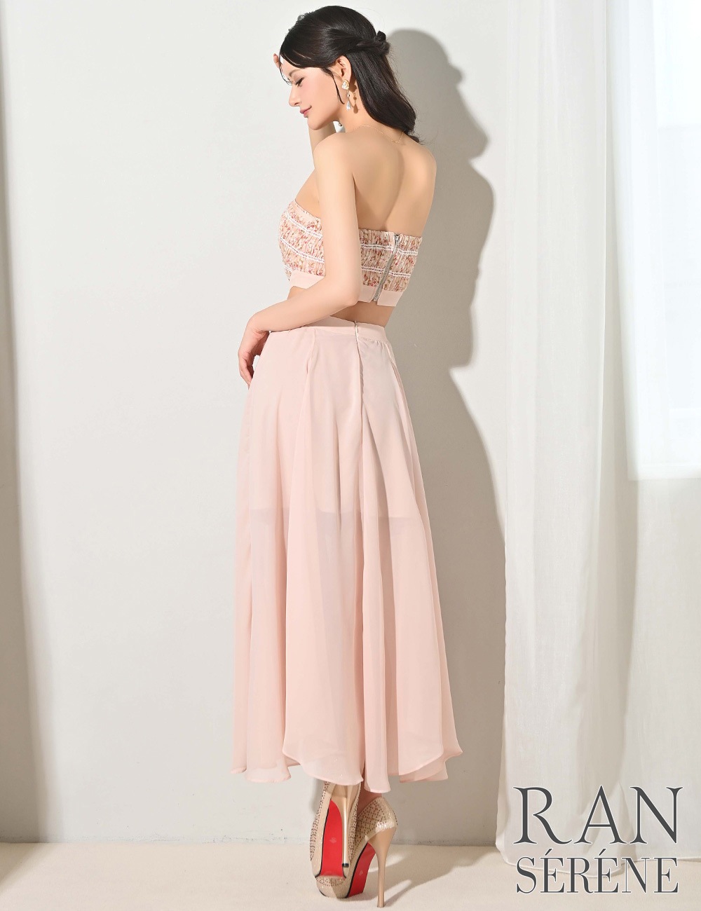 [即納][instock]【RAN SERENE】ロング/ドレス/ワンピース/ピンク/ベア/フレア/サイドカットアウト/柄/花柄/リボン