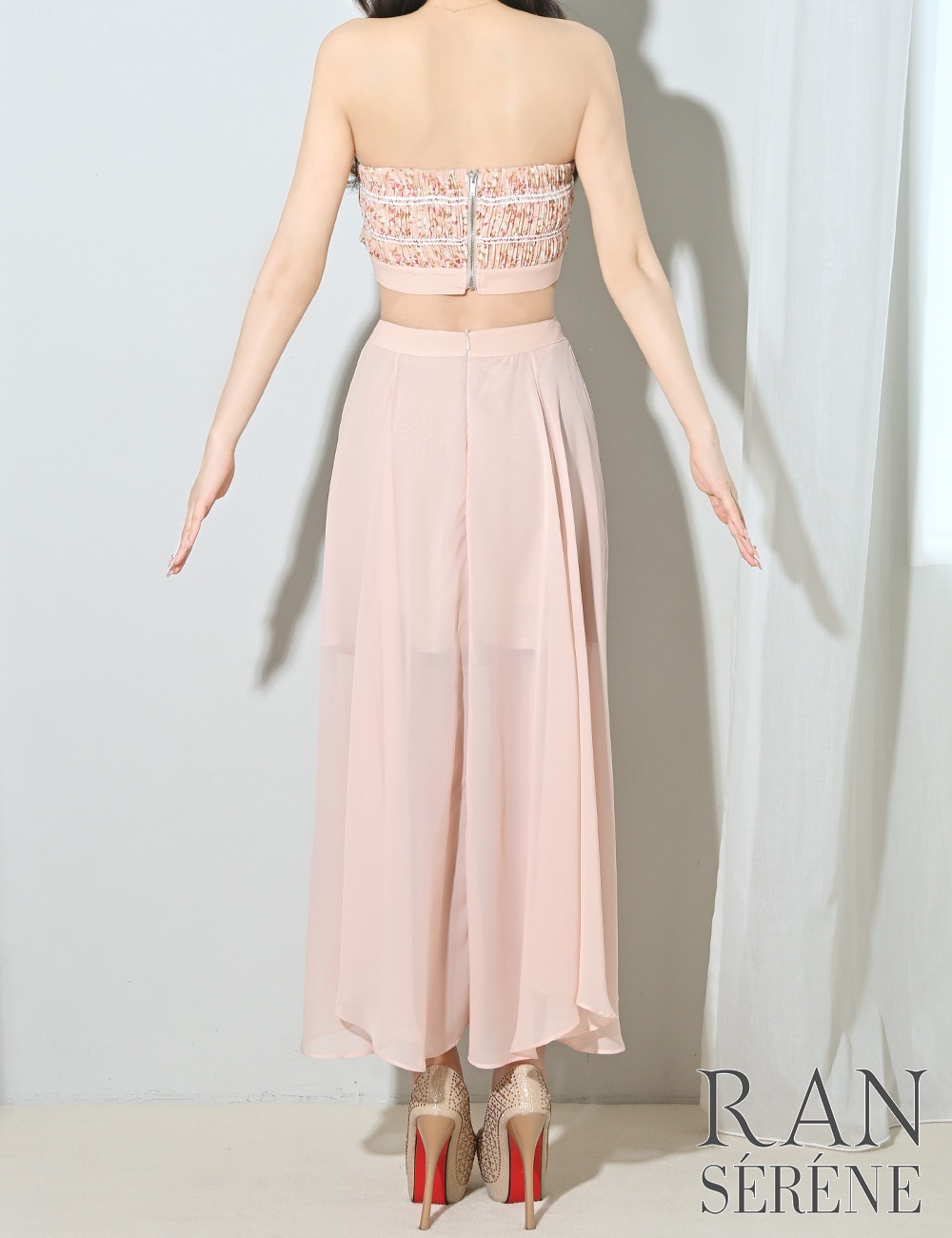 [即納][instock]【RAN SERENE】ロング/ドレス/ワンピース/ピンク/ベア/フレア/サイドカットアウト/柄/花柄/リボン
