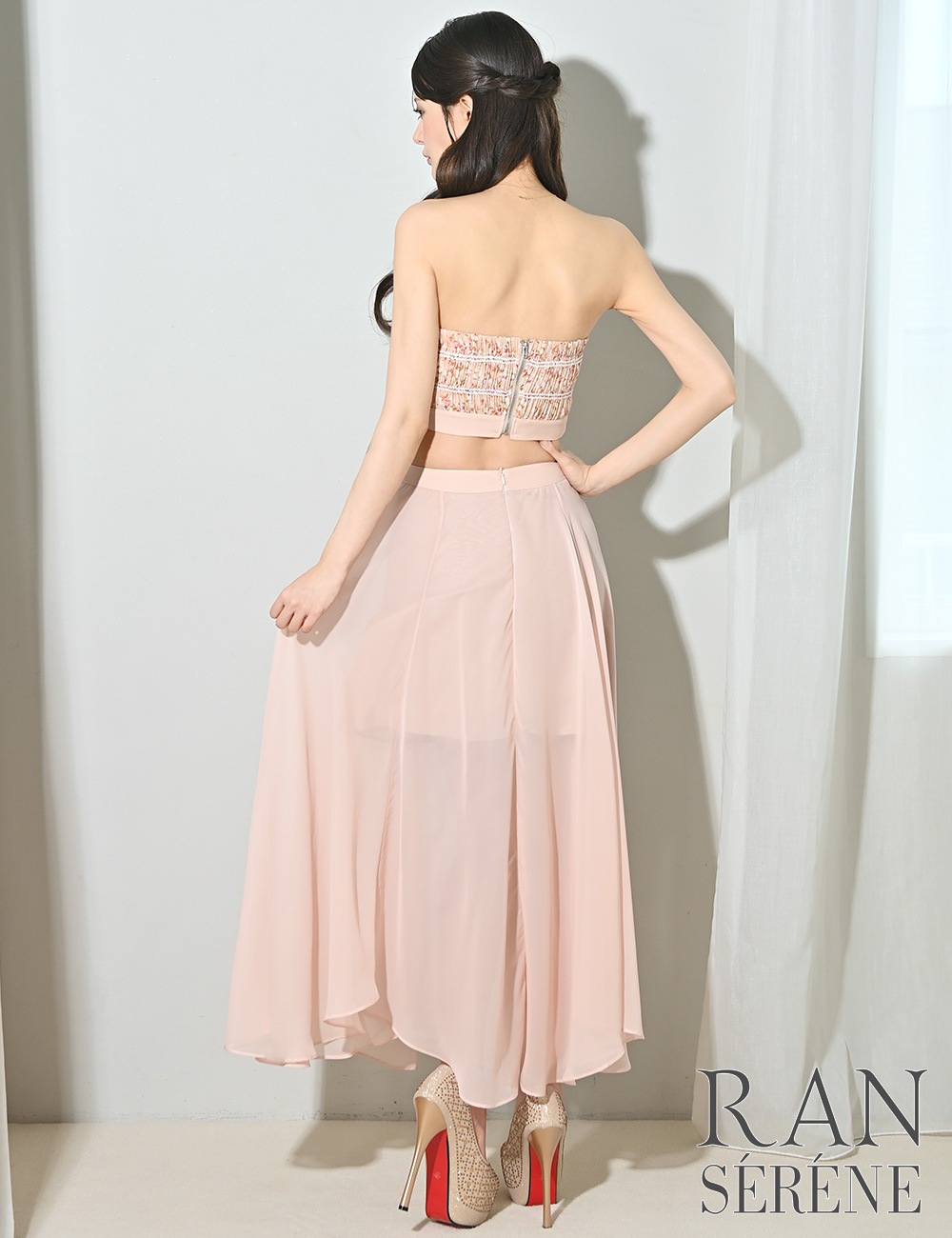 [即納][instock]【RAN SERENE】ロング/ドレス/ワンピース/ピンク/ベア/フレア/サイドカットアウト/柄/花柄/リボン