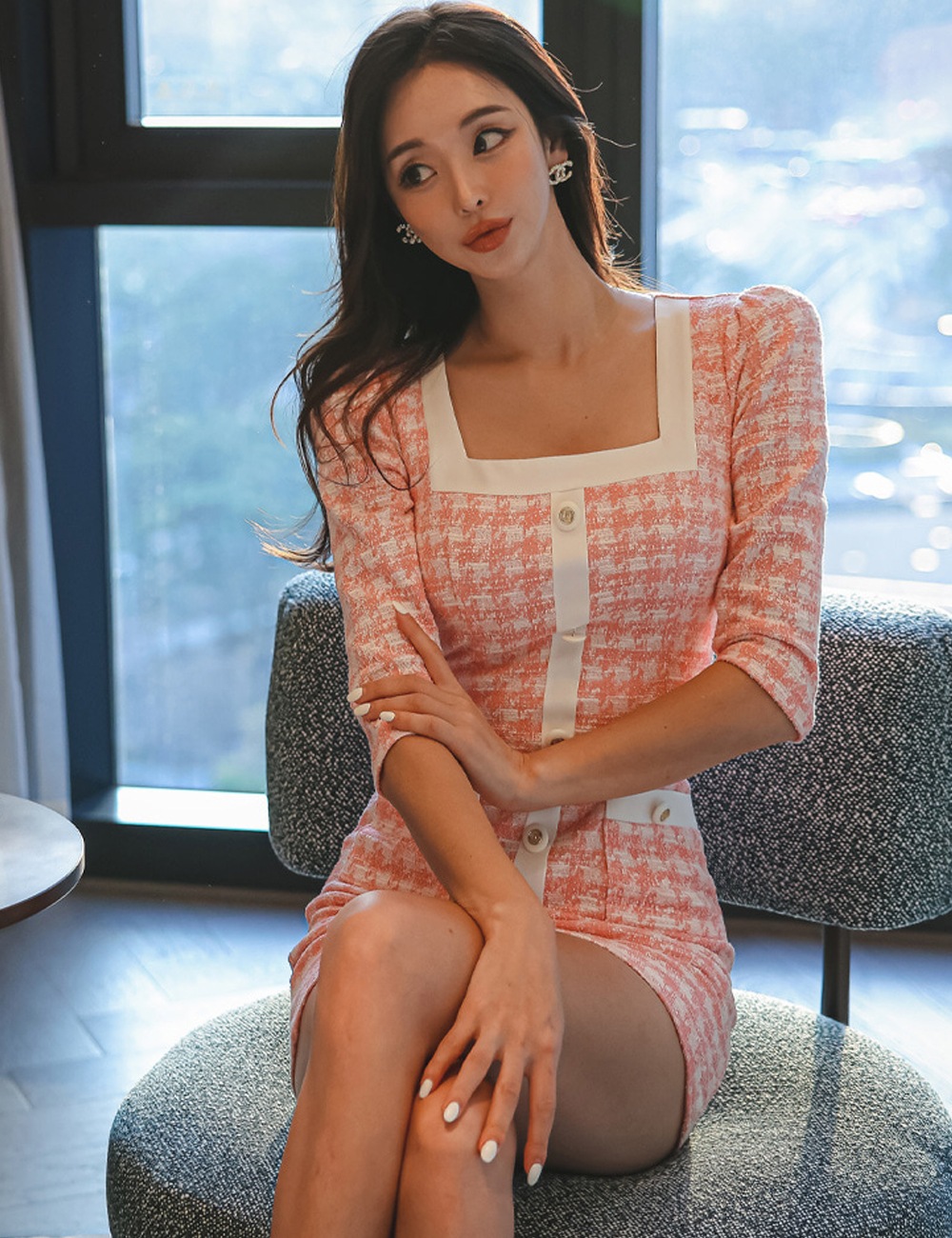 AIDMAX】ミニ/ドレス/ワンピース/ピンク/袖あり/長袖/千鳥/ポケット