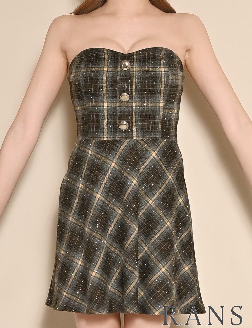 [即納][instock]【RANS】ミニ/ドレス/ワンピース/イエロー/ベア/フレア/柄/チェック