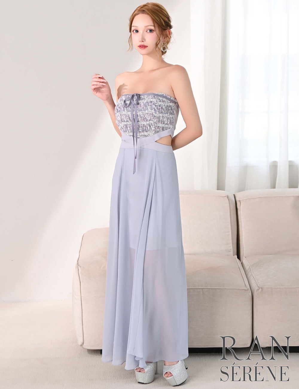 [即納][instock]【RAN SERENE】ロング/ドレス/ワンピース/ラベンダー/パープル/ベア/フレア/サイドカットアウト/柄/花柄/リボン