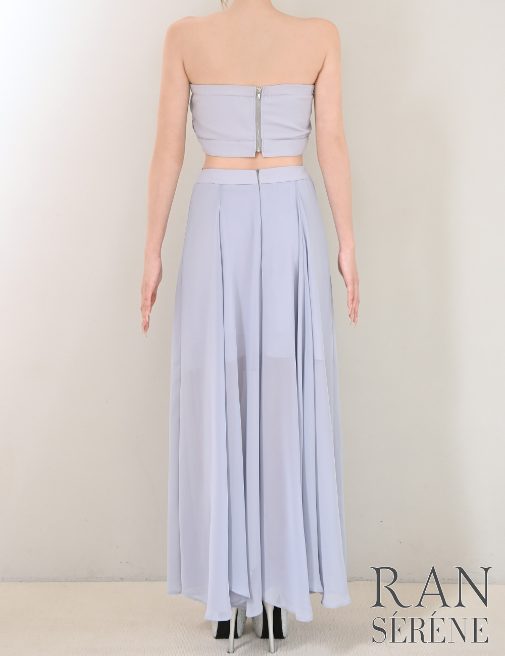 [即納][instock]【RAN SERENE】ロング/ドレス/ワンピース/ラベンダー/パープル/ベア/フレア/サイドカットアウト/柄/花柄/リボン