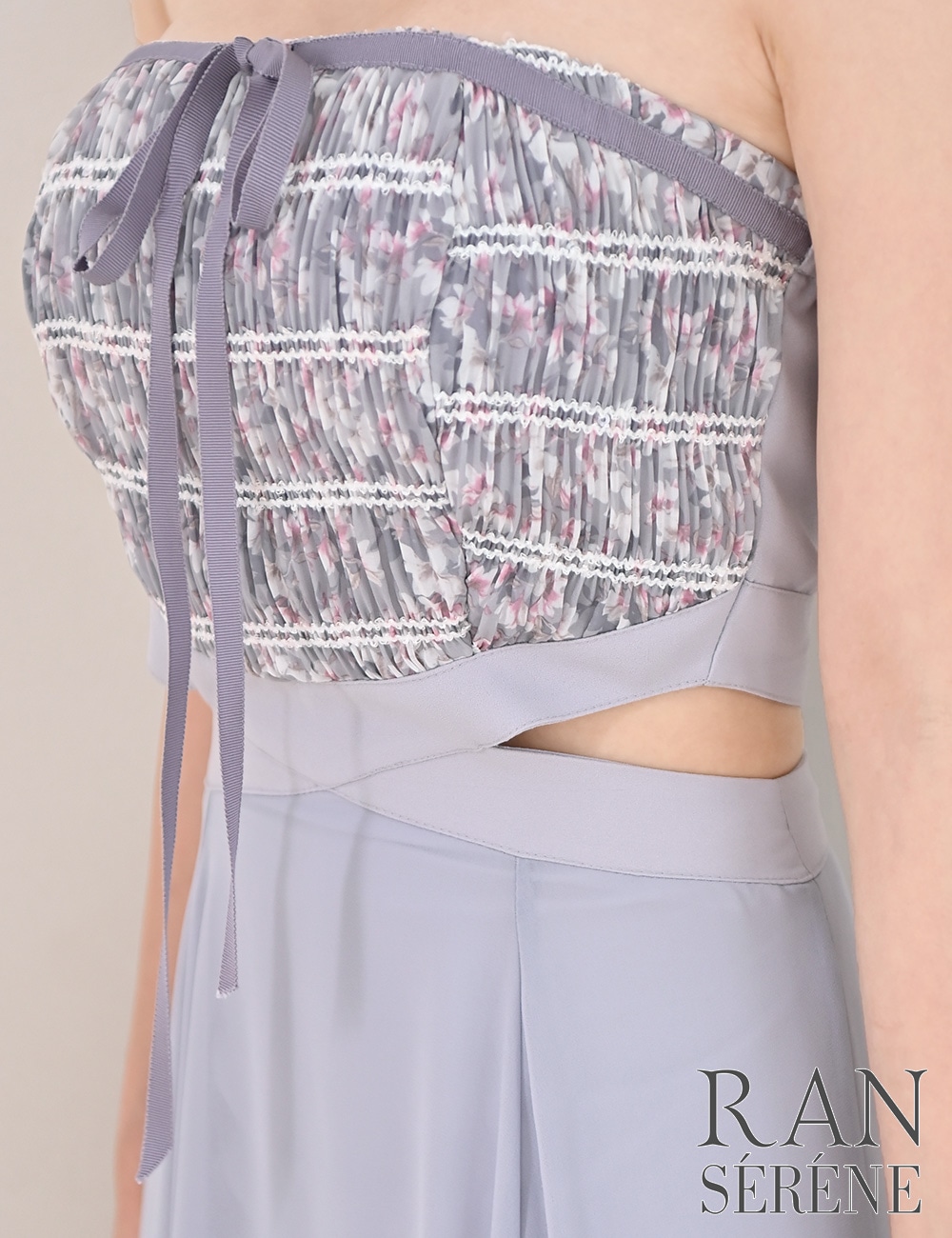 [即納][instock]【RAN SERENE】ロング/ドレス/ワンピース/ラベンダー/パープル/ベア/フレア/サイドカットアウト/柄/花柄/リボン