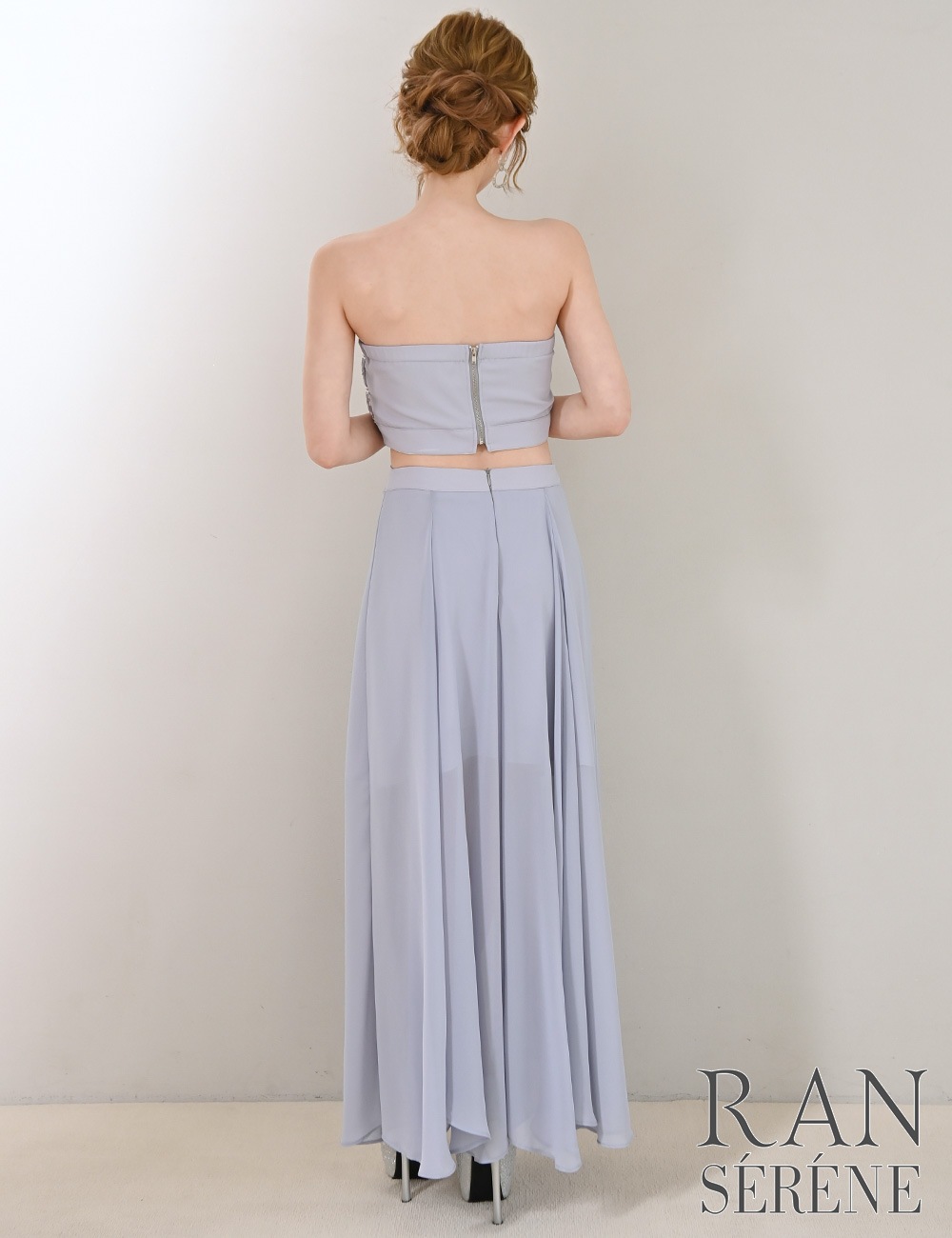 [即納][instock]【RAN SERENE】ロング/ドレス/ワンピース/ラベンダー/パープル/ベア/フレア/サイドカットアウト/柄/花柄/リボン