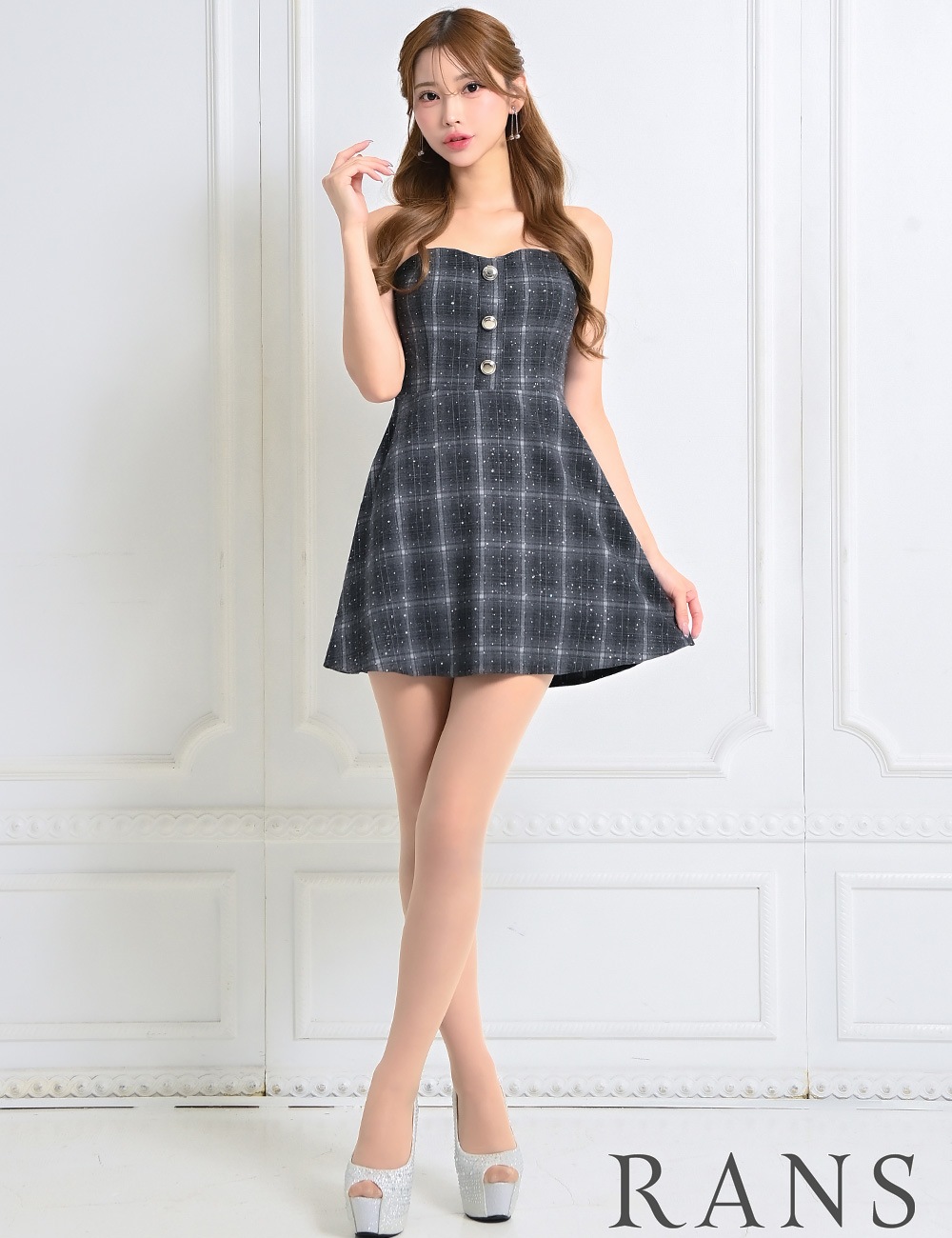 [即納][instock]【RANS】ミニ/ドレス/ワンピース/ブラック/ベア/フレア/柄/チェック