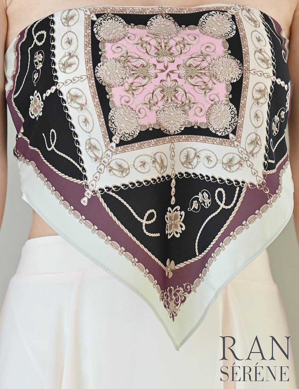 [即納][instock]【RAN SERENE】ロング/ドレス/ワンピース/ベージュ/ベア/フレア/サイドカットアウト/柄/スカーフ