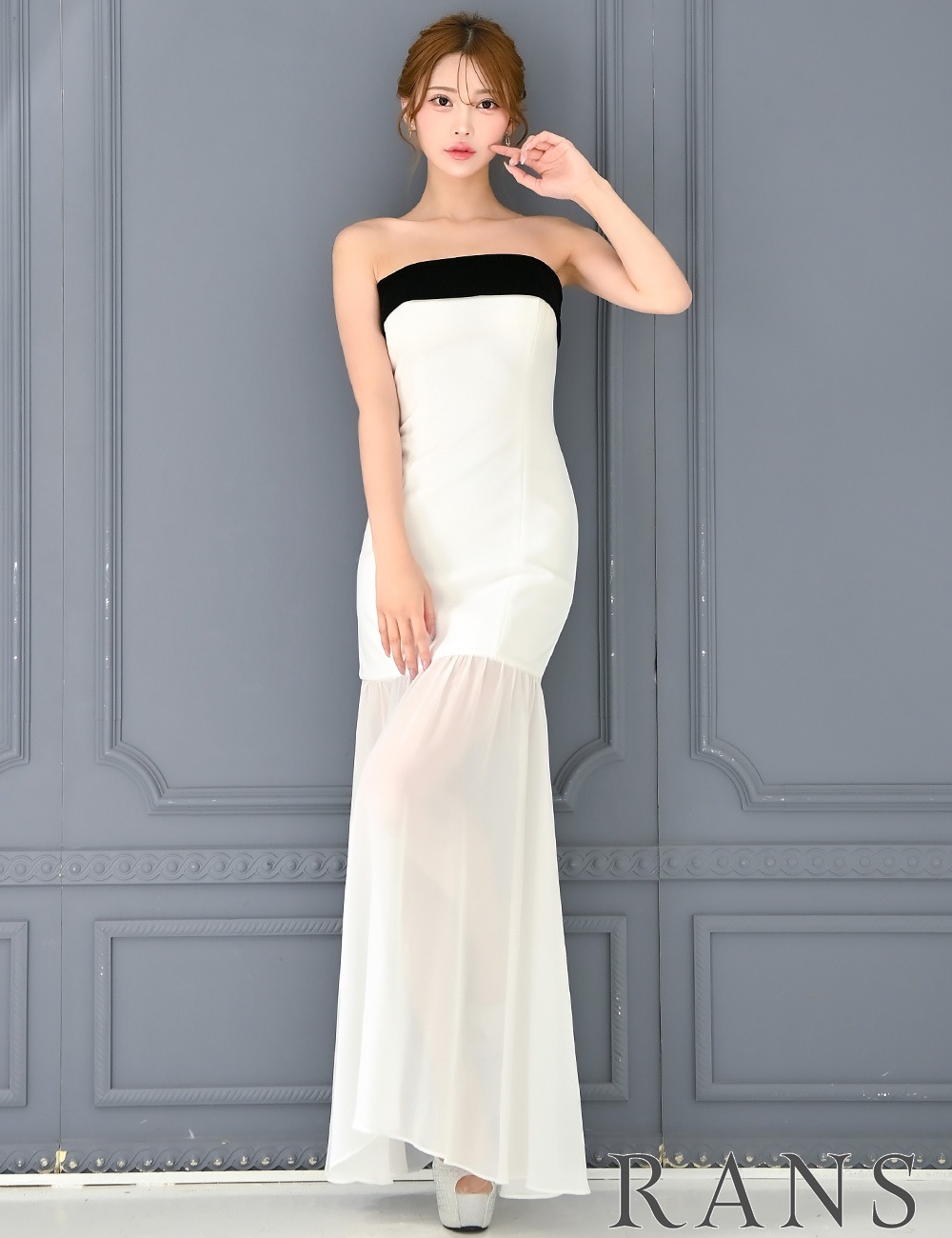 [即納][instock]【RANS】ロング/ドレス/ワンピース/ホワイト/ベア/タイト/フレア/ベロア