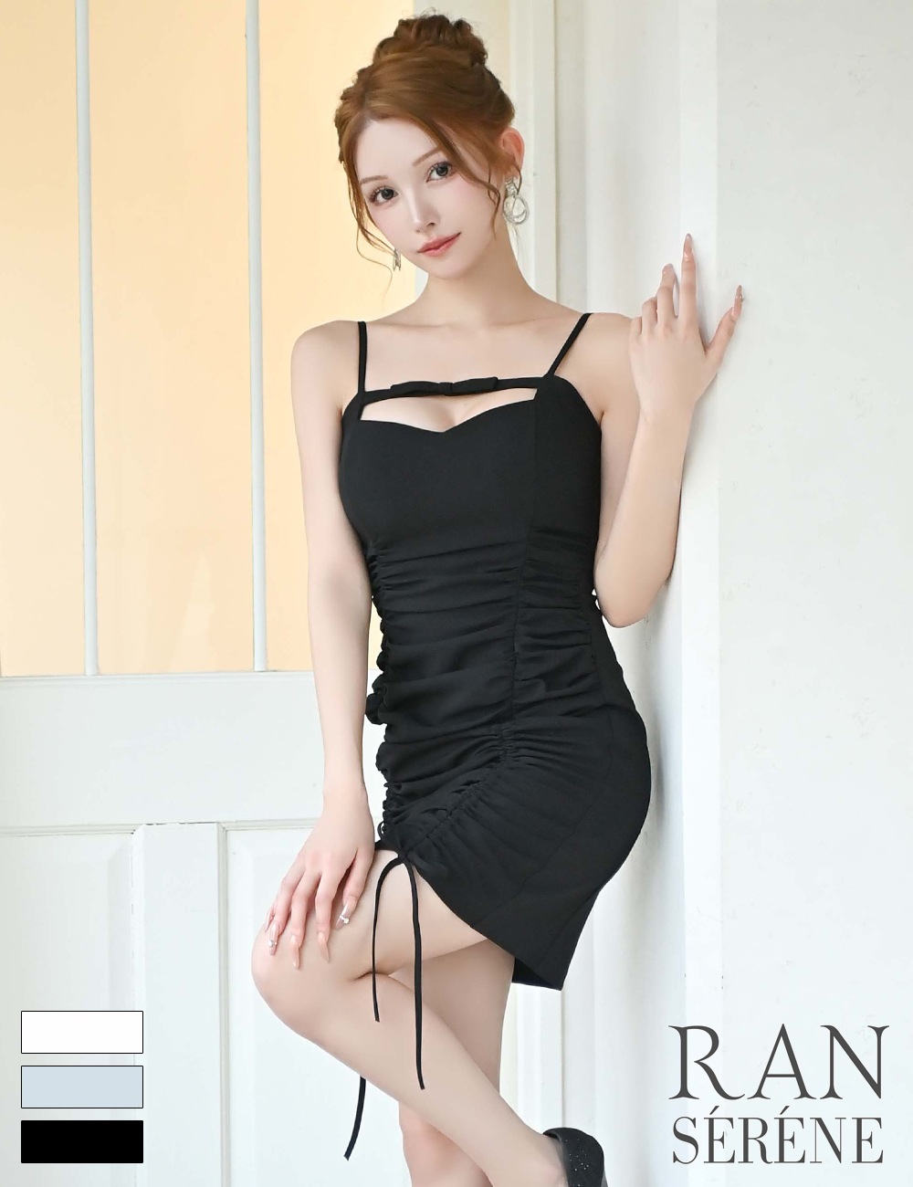 [即納][instock]【RANSERENE】ミニ/ドレス/ワンピース/ブラック/キャミ/リボン/ドロスト