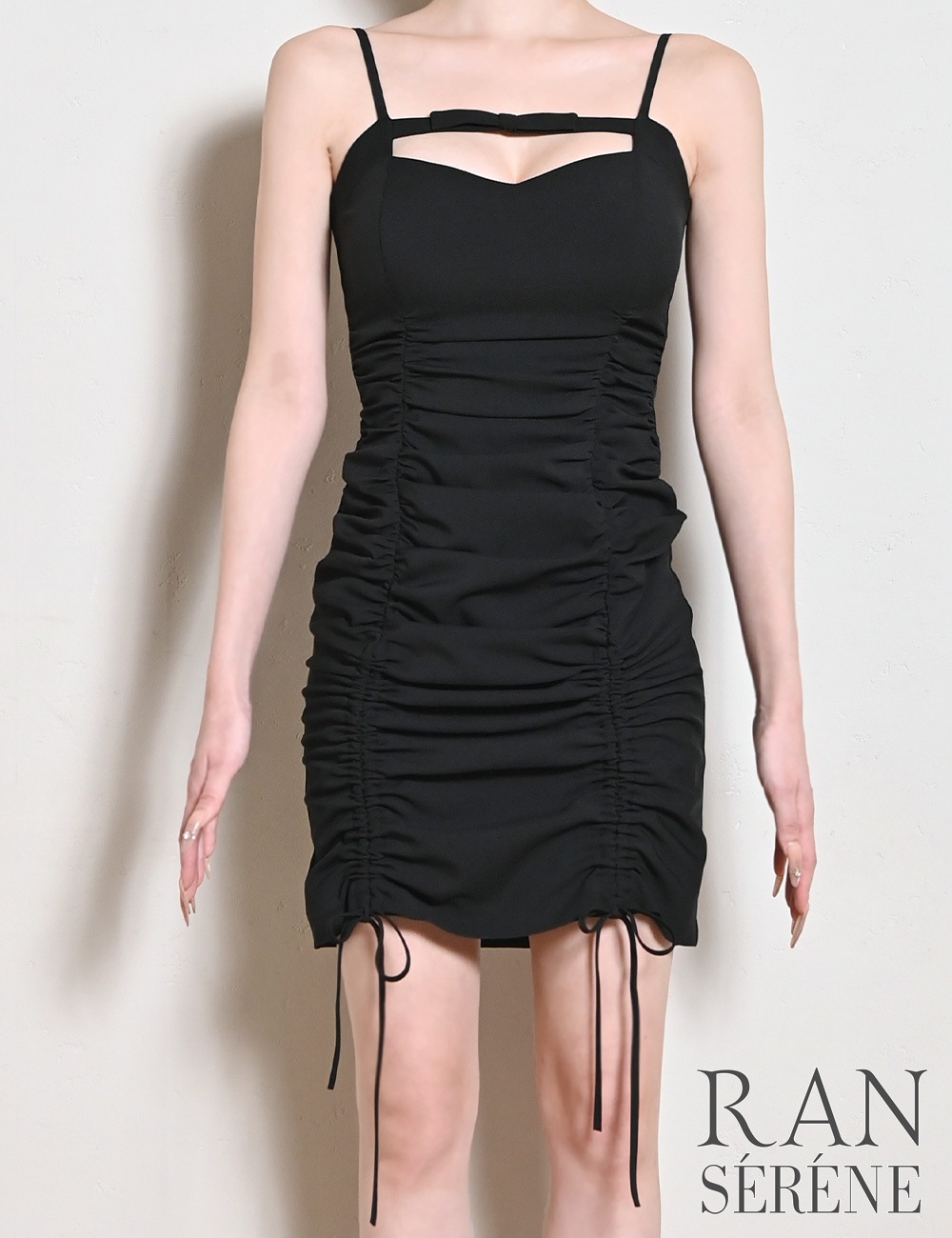 [即納][instock]【RANSERENE】ミニ/ドレス/ワンピース/ブラック/キャミ/リボン/ドロスト