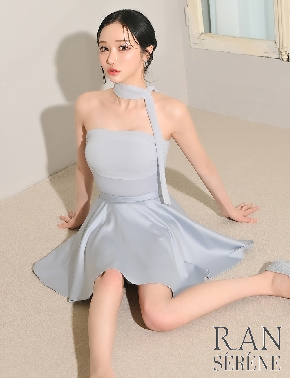 [即納][instock]【RAN SERENE】ミニ/ドレス/セットアップ/ブルー/ベア/フレア/ドレープ