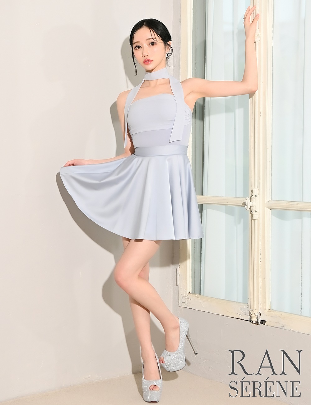 [即納][instock]【RAN SERENE】ミニ/ドレス/セットアップ/ブルー/ベア/フレア/ドレープ