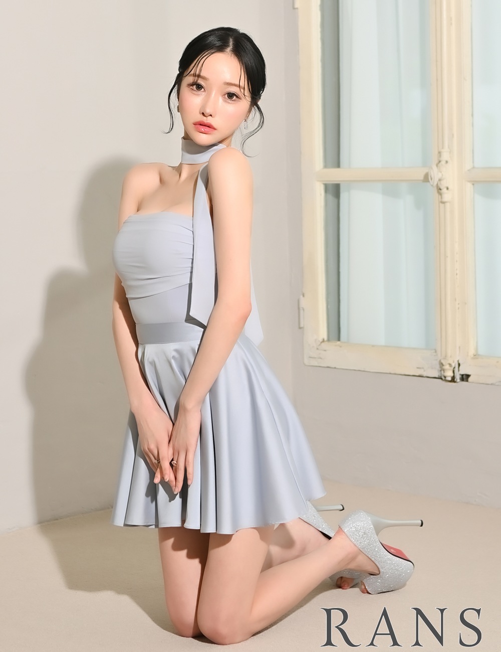 [即納][instock]【RAN SERENE】ミニ/ドレス/セットアップ/ブルー/ベア/フレア/ドレープ