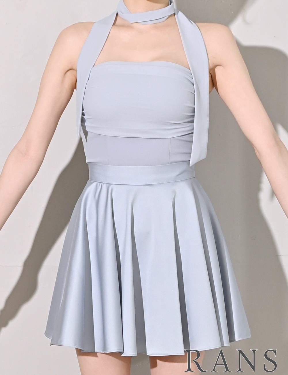 [即納][instock]【RAN SERENE】ミニ/ドレス/セットアップ/ブルー/ベア/フレア/ドレープ