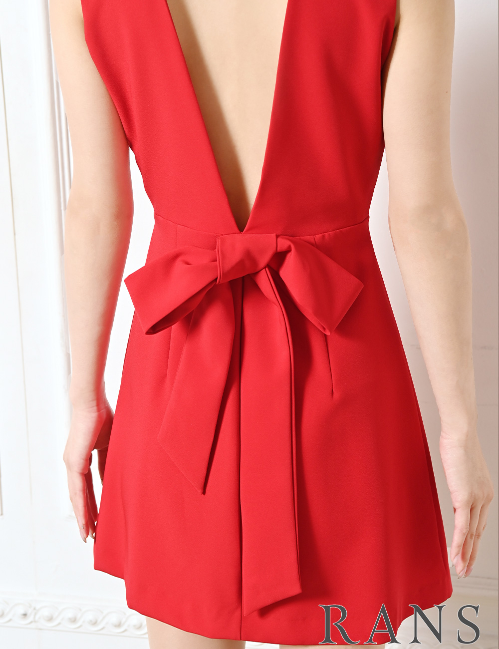 [即納][instock]【RANS】ミニ/ドレス/ワンピース/レッド/襟付き/フレア/リボン