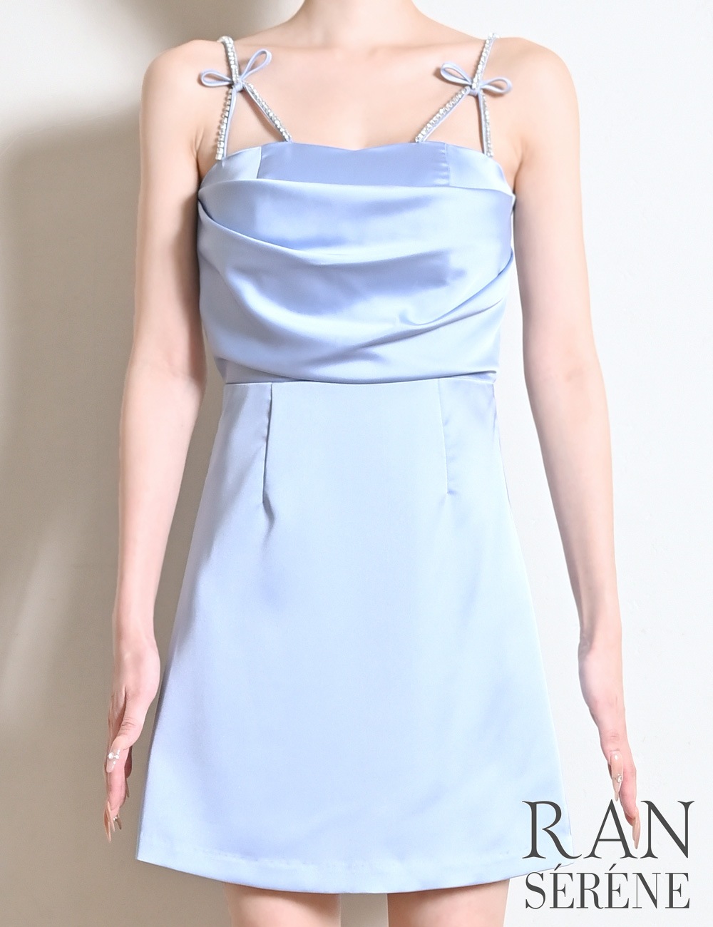 [即納][instock]【RANSERENE】ミニ/ドレス/ワンピース/ブルー/キャミ/フレア/サテン/ビジュー/リボン
