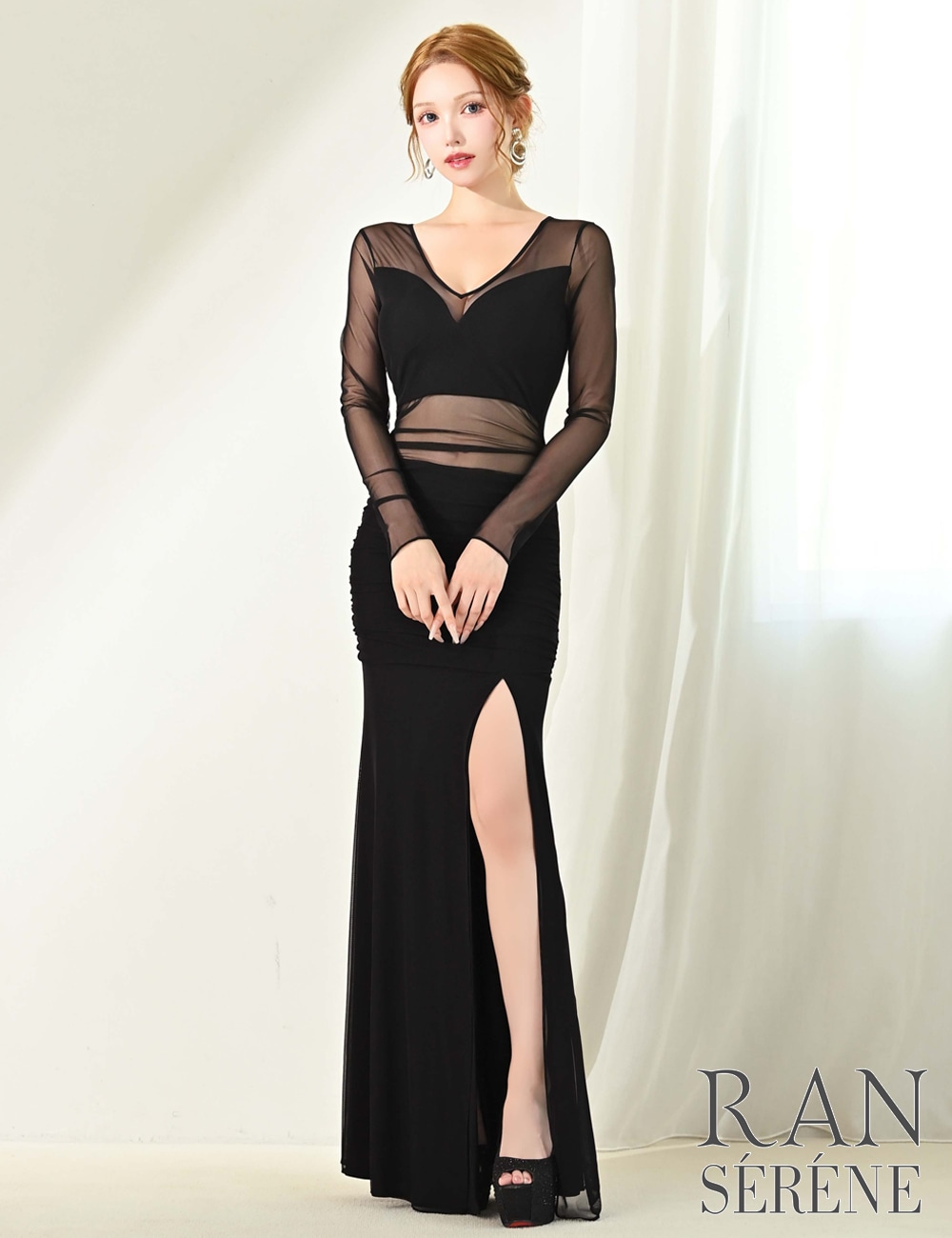 [即納][instock]【RAN SERENE】ロング/ドレス/ワンピース/ブラック/袖あり/長袖/スリット/シアー