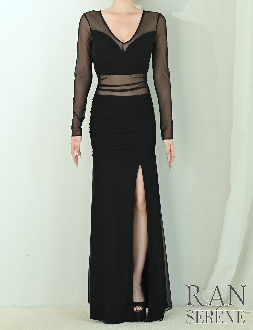 [即納][instock]【RAN SERENE】ロング/ドレス/ワンピース/ブラック/袖あり/長袖/スリット/シアー