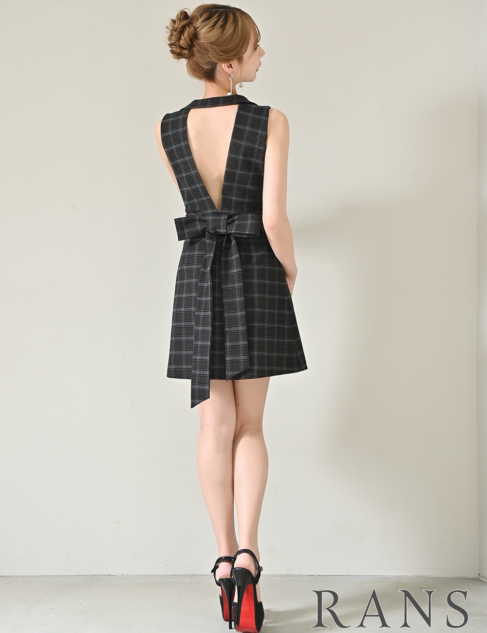 [即納][instock]【RANS】ミニ/ドレス/ワンピース/グレー/襟付き/フレア/リボン/柄/チェック