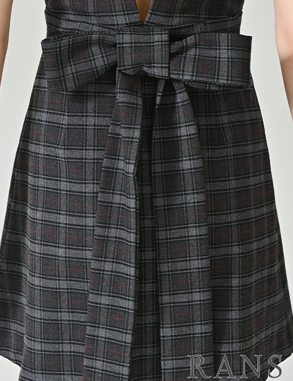[即納][instock]【RANS】ミニ/ドレス/ワンピース/グレー/襟付き/フレア/リボン/柄/チェック