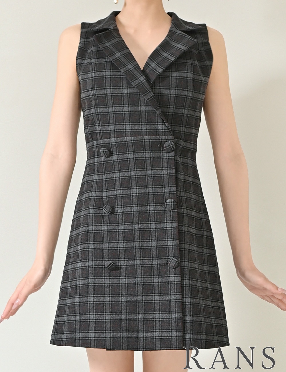[即納][instock]【RANS】ミニ/ドレス/ワンピース/グレー/襟付き/フレア/リボン/柄/チェック