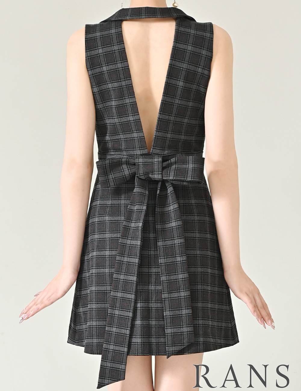 [即納][instock]【RANS】ミニ/ドレス/ワンピース/グレー/襟付き/フレア/リボン/柄/チェック