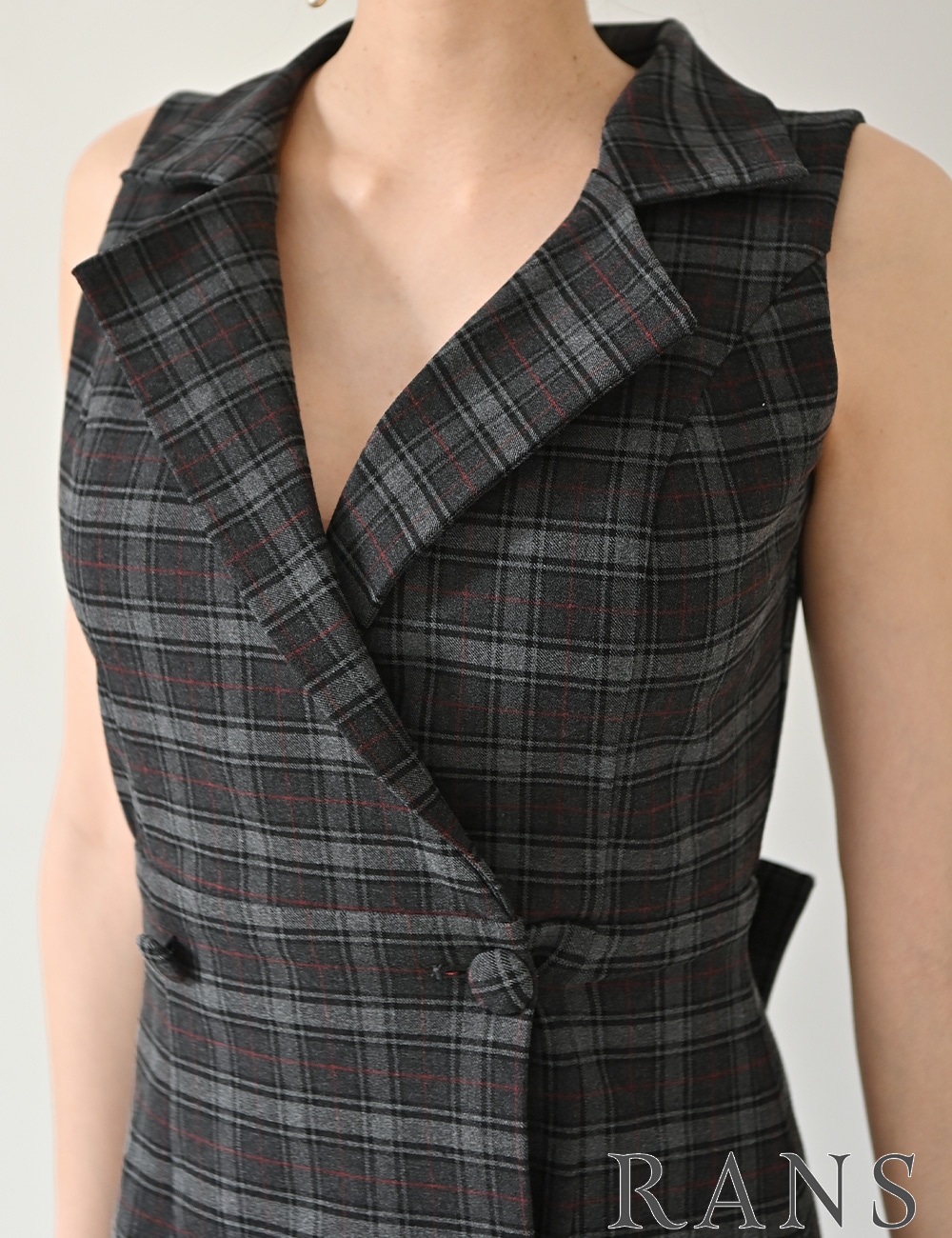 [即納][instock]【RANS】ミニ/ドレス/ワンピース/グレー/襟付き/フレア/リボン/柄/チェック