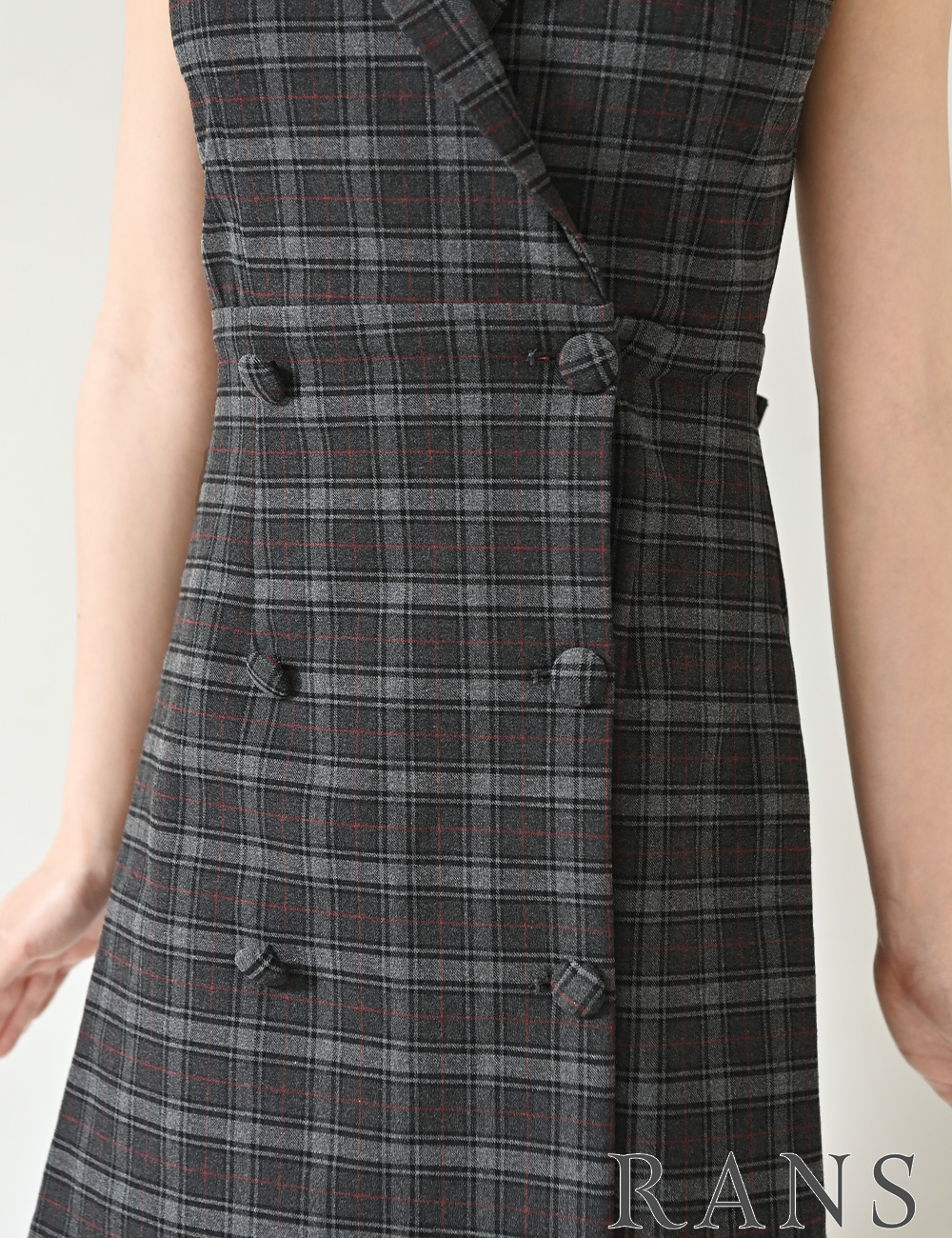 [即納][instock]【RANS】ミニ/ドレス/ワンピース/グレー/襟付き/フレア/リボン/柄/チェック