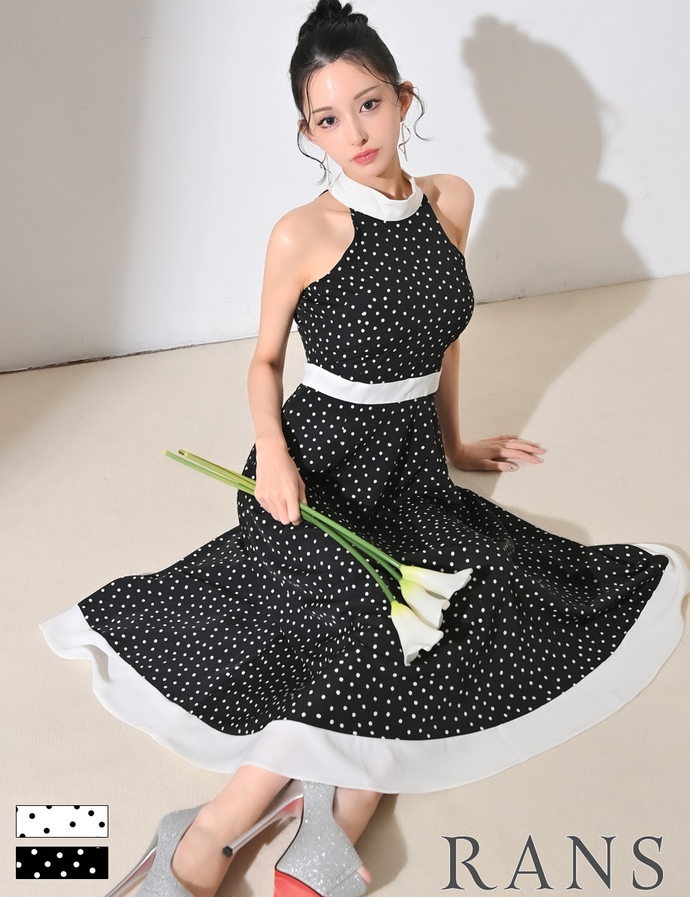【RANS】ロング/丈長/ドレス/フレア/ブラック/ドット/ホルターネック