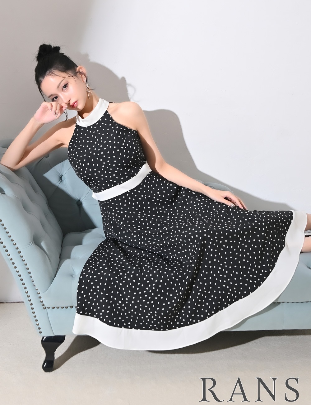 【RANS】ロング/丈長/ドレス/フレア/ブラック/ドット/ホルターネック