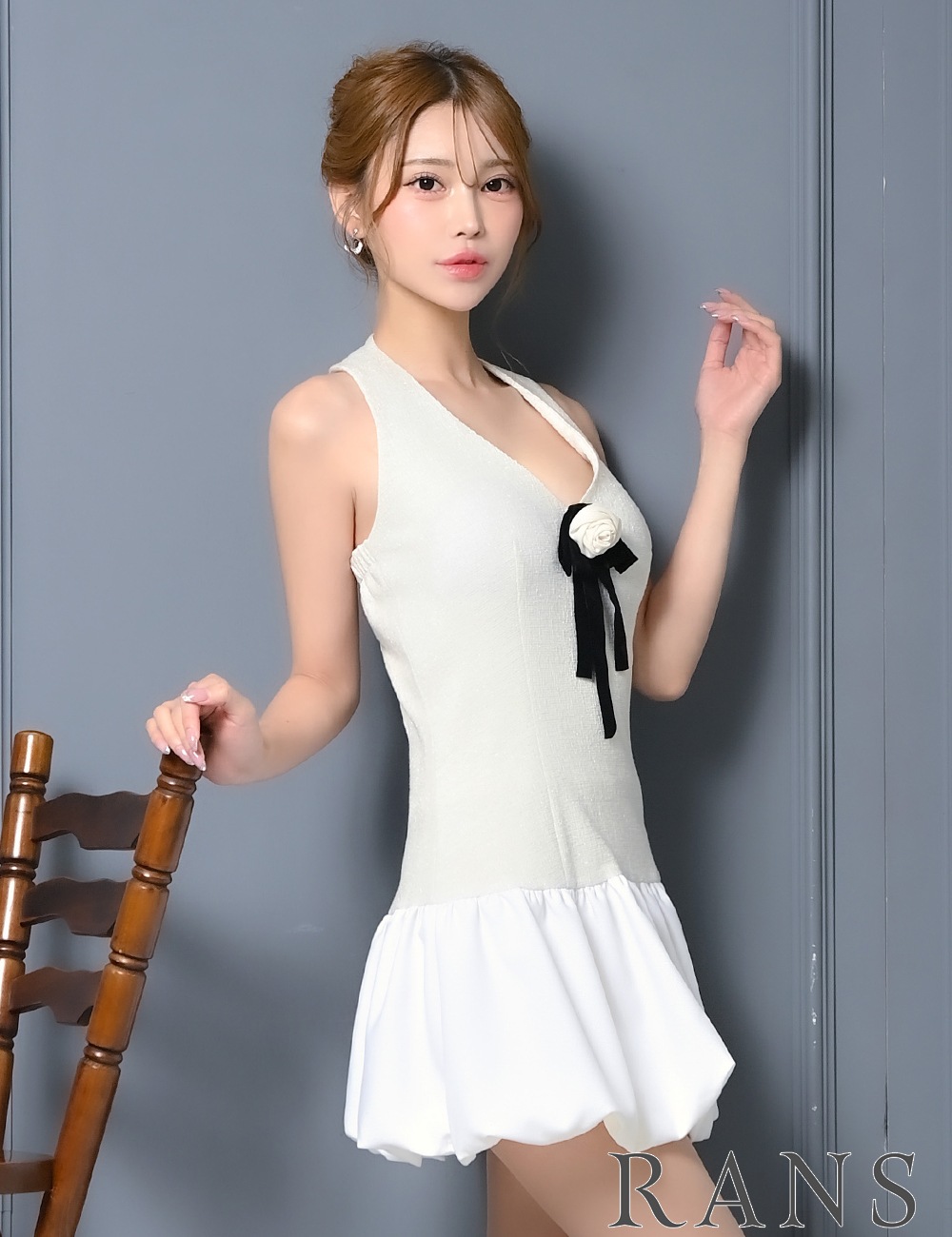 [即納][instock]【RANS】ミニ/ドレス/ワンピース/ホワイト/ホルターネック/バルーンスカート/コサージュ/リボン