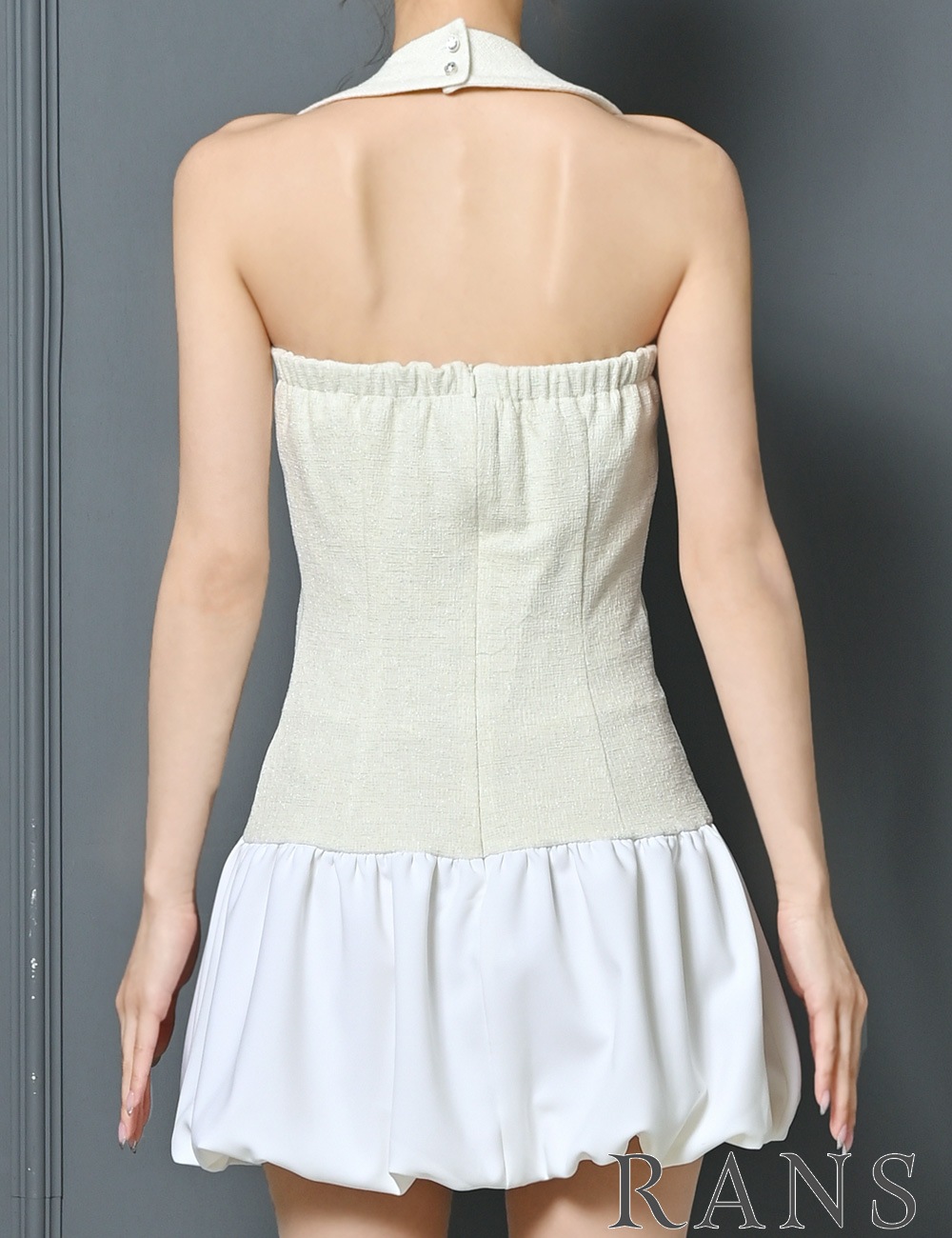 [即納][instock]【RANS】ミニ/ドレス/ワンピース/ホワイト/ホルターネック/バルーンスカート/コサージュ/リボン