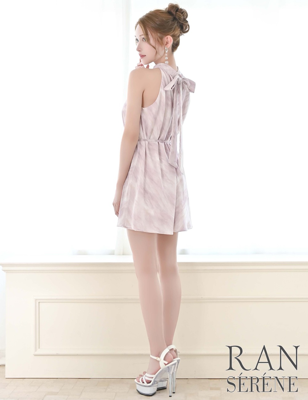 【RANSERENE】ミニ/ドレス/ワンピース/ピンク/ホルターネック/フレア/タイダイ/リボン