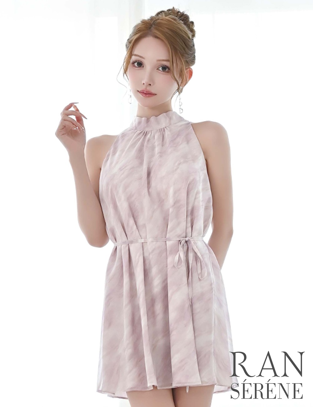 【RANSERENE】ミニ/ドレス/ワンピース/ピンク/ホルターネック/フレア/タイダイ/リボン