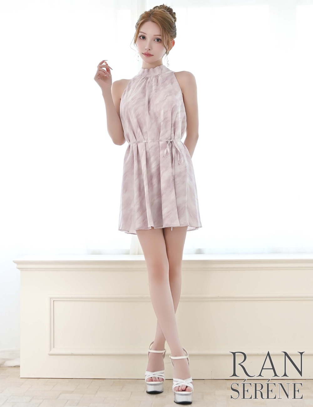 【RANSERENE】ミニ/ドレス/ワンピース/ピンク/ホルターネック/フレア/タイダイ/リボン