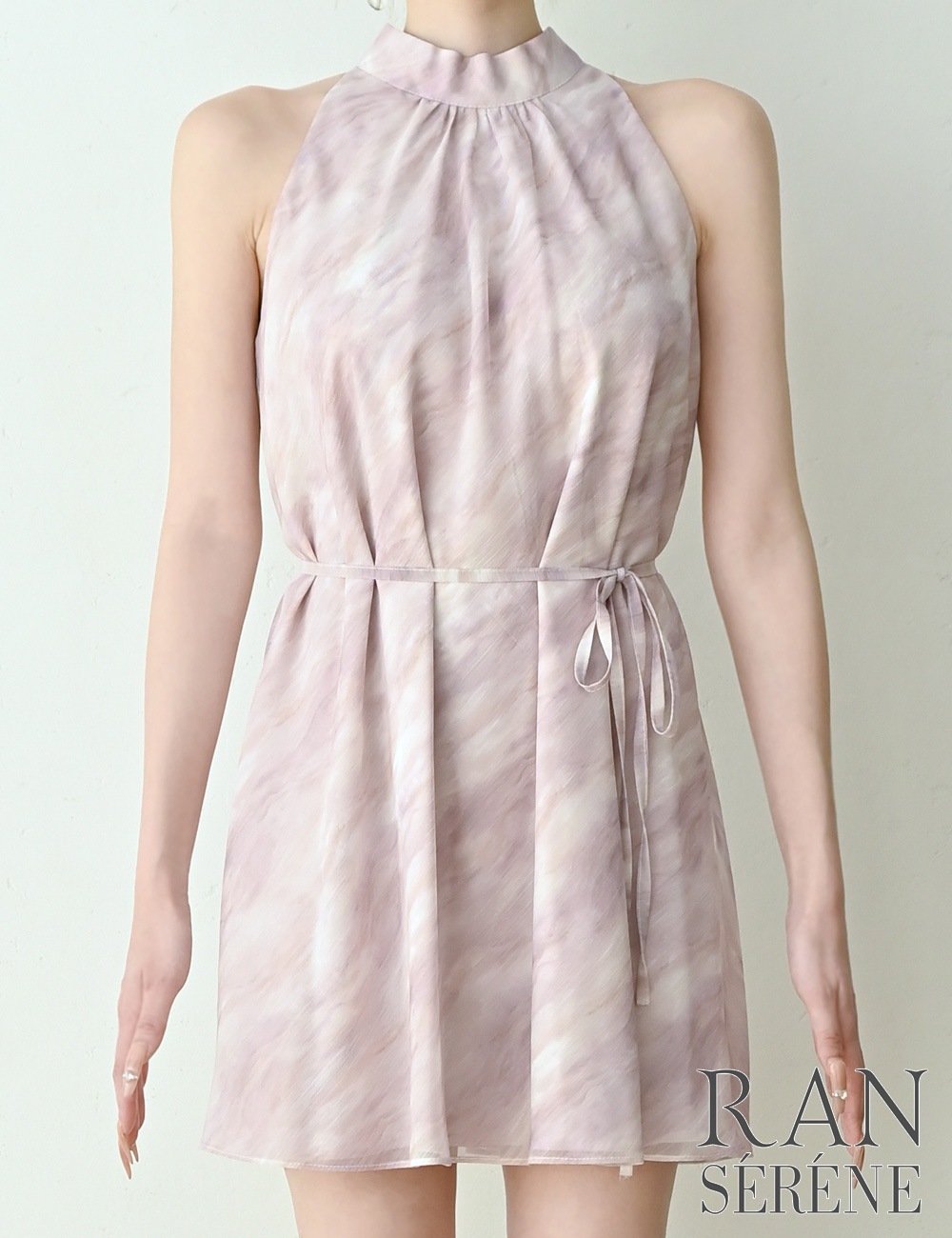 【RANSERENE】ミニ/ドレス/ワンピース/ピンク/ホルターネック/フレア/タイダイ/リボン