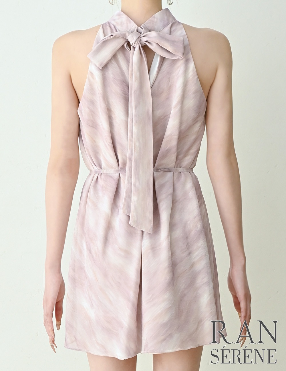 【RANSERENE】ミニ/ドレス/ワンピース/ピンク/ホルターネック/フレア/タイダイ/リボン