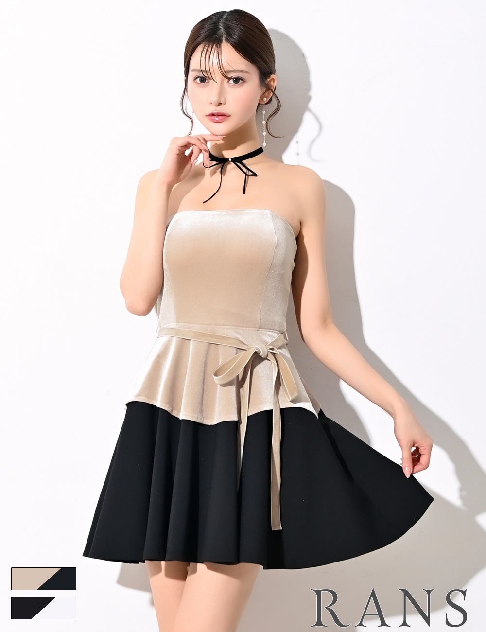 [即納][instock]【RAN SERENE】ミニ/ドレス/ワンピース/ベア/フレア/ベージュ/ブラック/ベロア