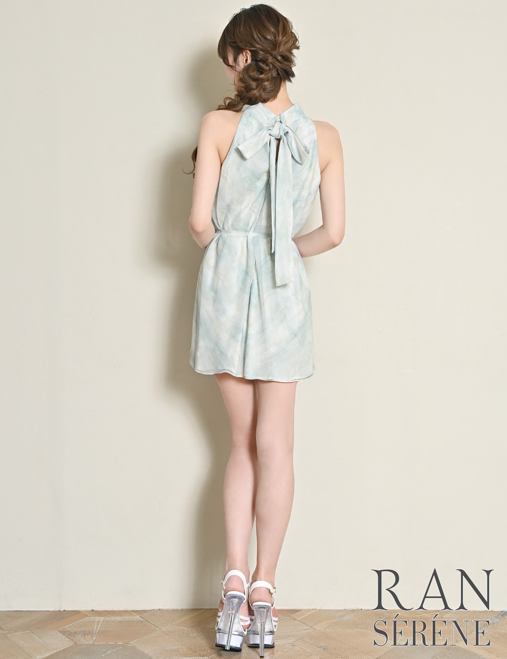 [即納][instock]【RANSERENE】ミニ/ドレス/ワンピース/グリーン/ミント/ホルターネック/フレア/タイダイ/リボン