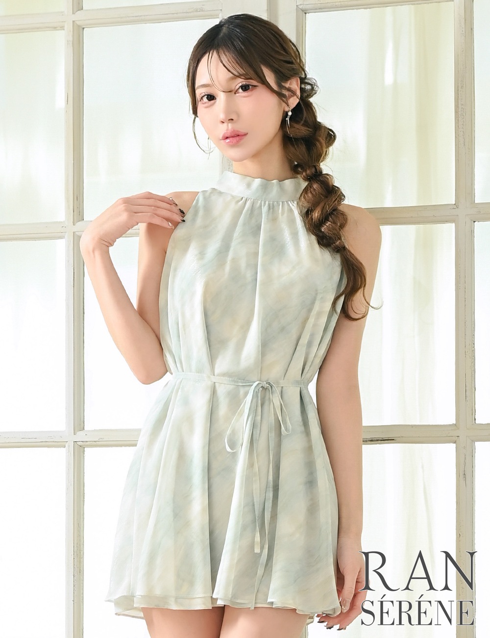 [即納][instock]【RANSERENE】ミニ/ドレス/ワンピース/グリーン/ミント/ホルターネック/フレア/タイダイ/リボン